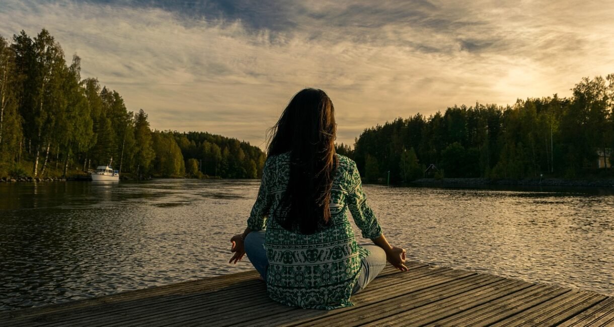 yoga, woman, nature, lake, outdoors, lotus pose, meditation, mindfulness, balance, meditating, wellness, sunset, twilight