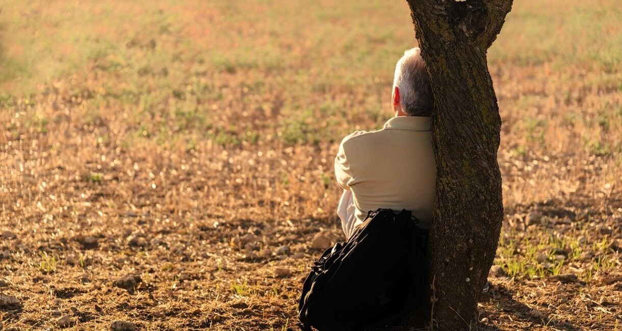 man, solitude, tree, leaning, resting, relax, contemplating, sitting, nature, elderly man, alone, solitary
