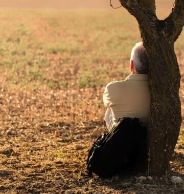 man, solitude, tree, leaning, resting, relax, contemplating, sitting, nature, elderly man, alone, solitary
