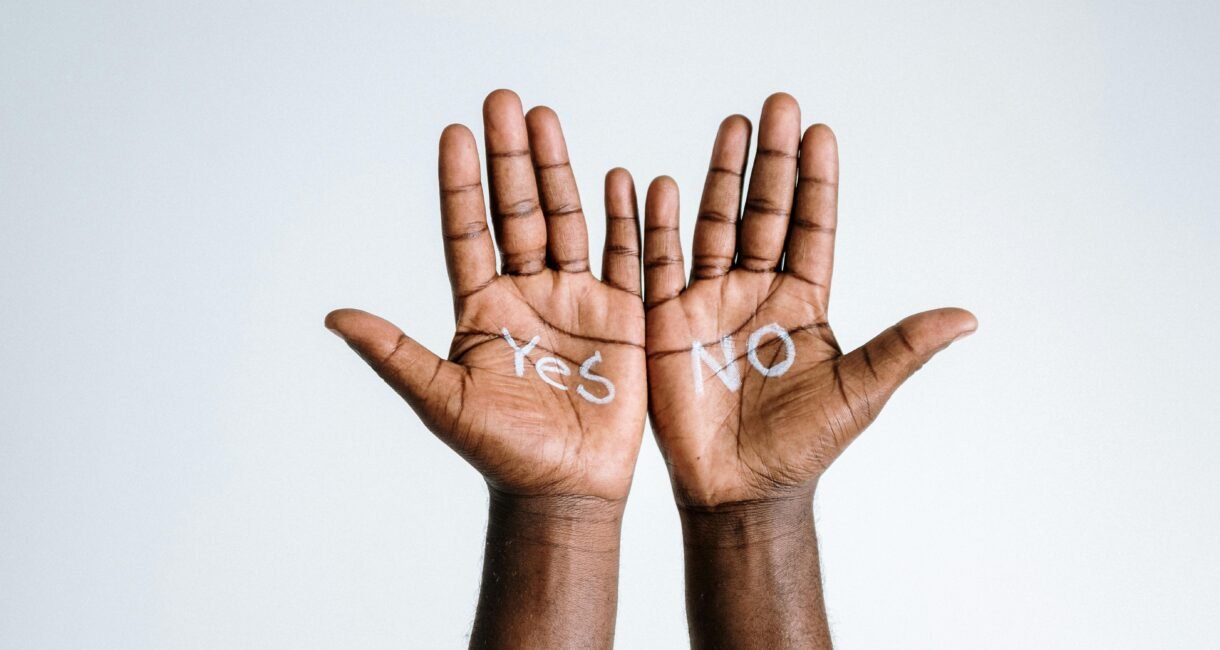 Two hands with 'Yes' and 'No' on palms depicting choice and decision making.