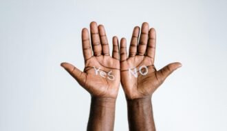 Two hands with 'Yes' and 'No' on palms depicting choice and decision making.