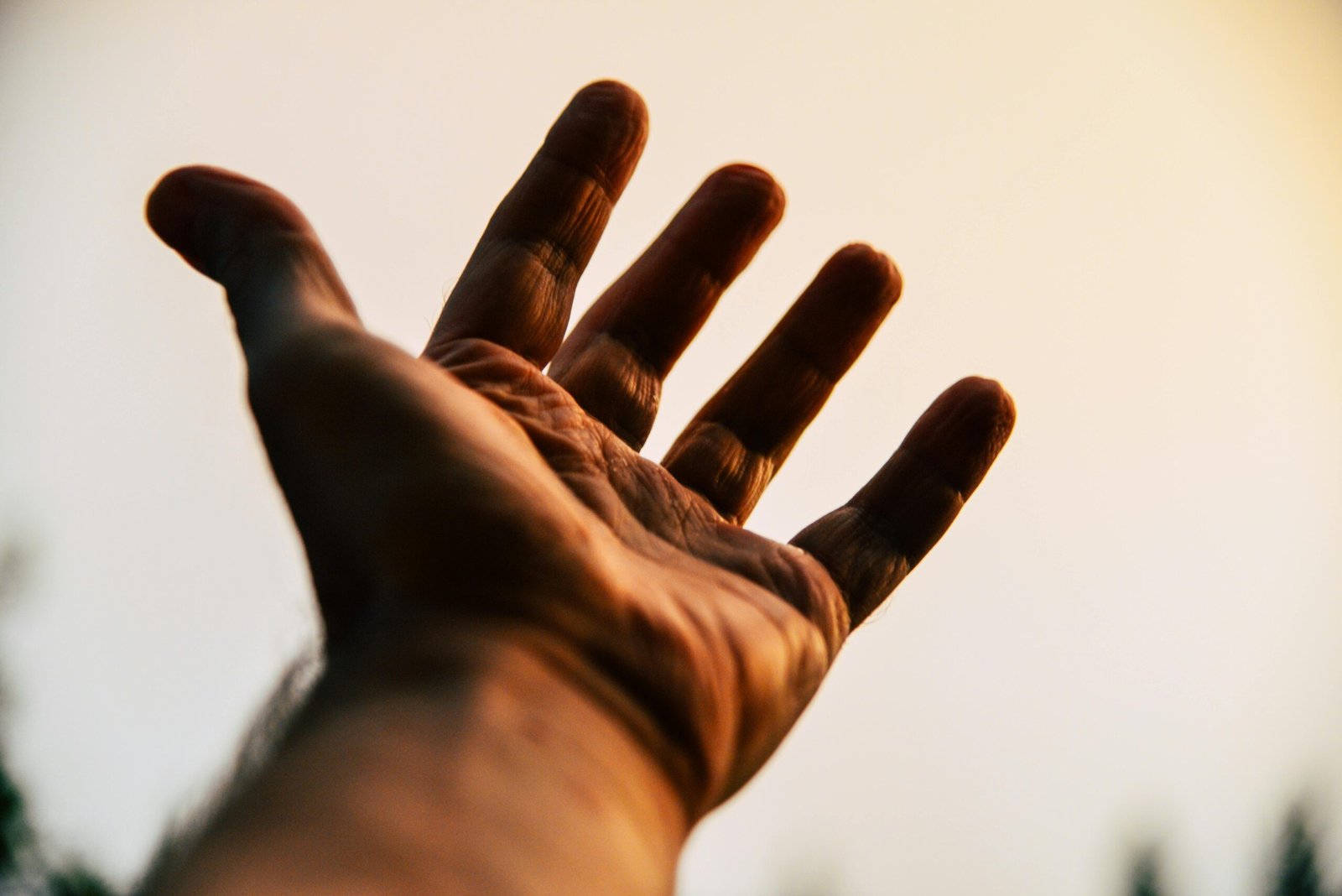 A human hand reaching toward the sky, silhouetted against a bright, warm backdrop.