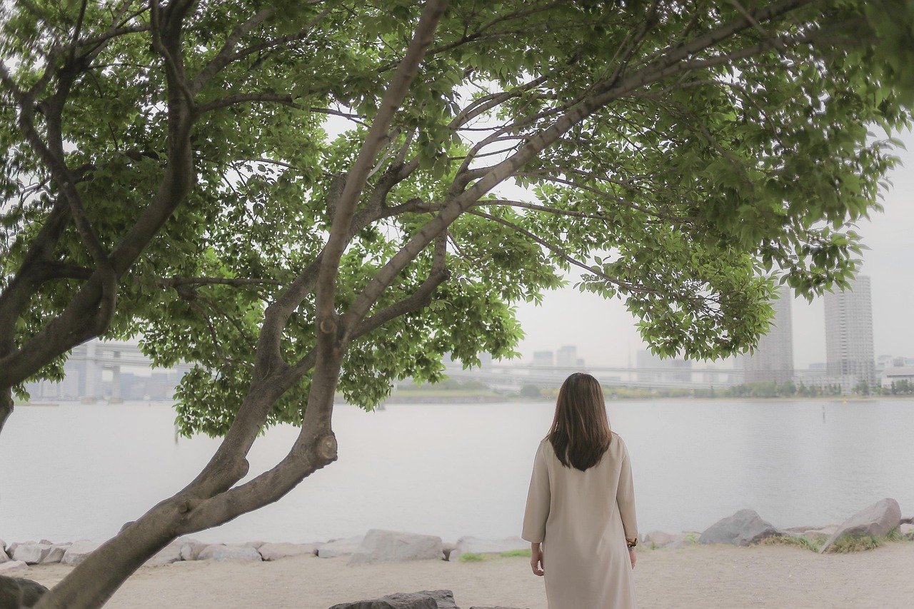 girl, lonely, nature, japan, odaiba, tree, beach